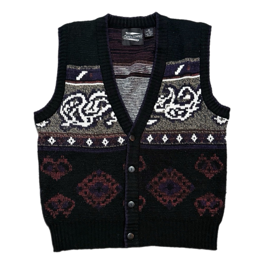Vintage 90s Expressions Cardigan Sweater Vest Virgin Acrylic Mens Size‎ Medium